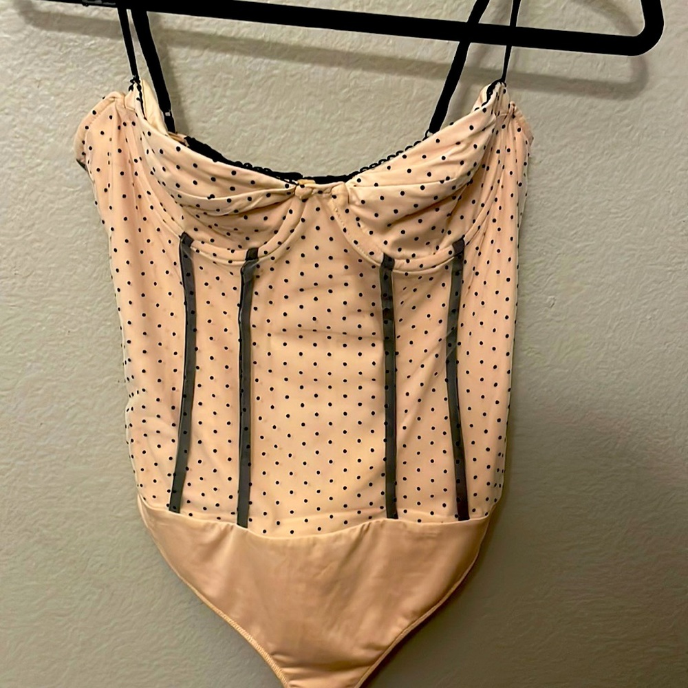majorelle blush pink black polka dot sheer overlay bodysuit